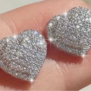 Heart Pave Stud Earrings - Silver Sparkle mossinite .